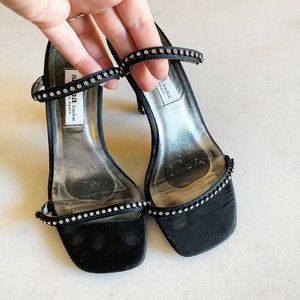 Vintage Sacha London black rhinestone high heel shoes / sandals, square toe, 90s